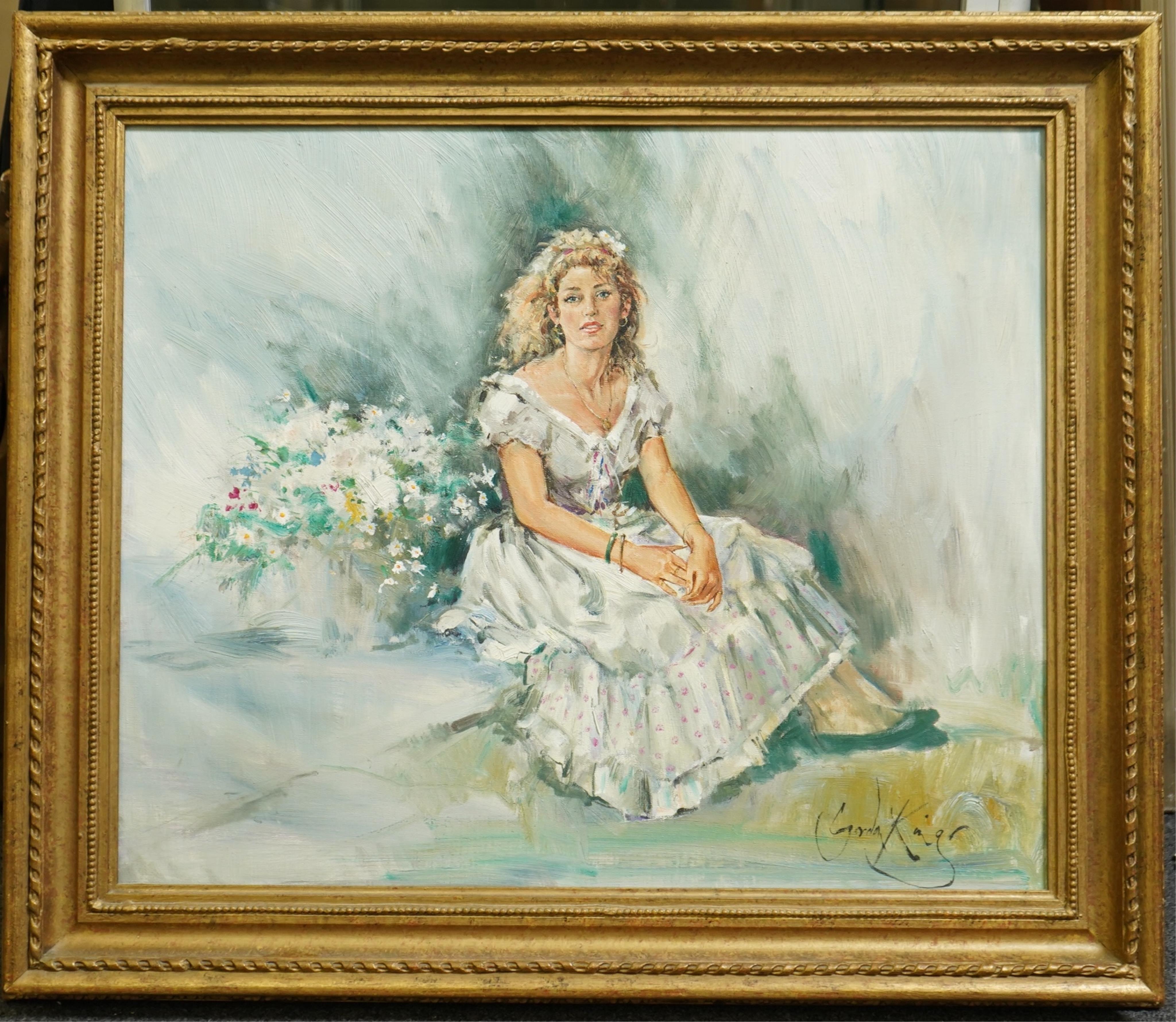 Gordon King (English, 1939-2022), Young woman seated in a white dress, oil on canvas, 49 x 59cm